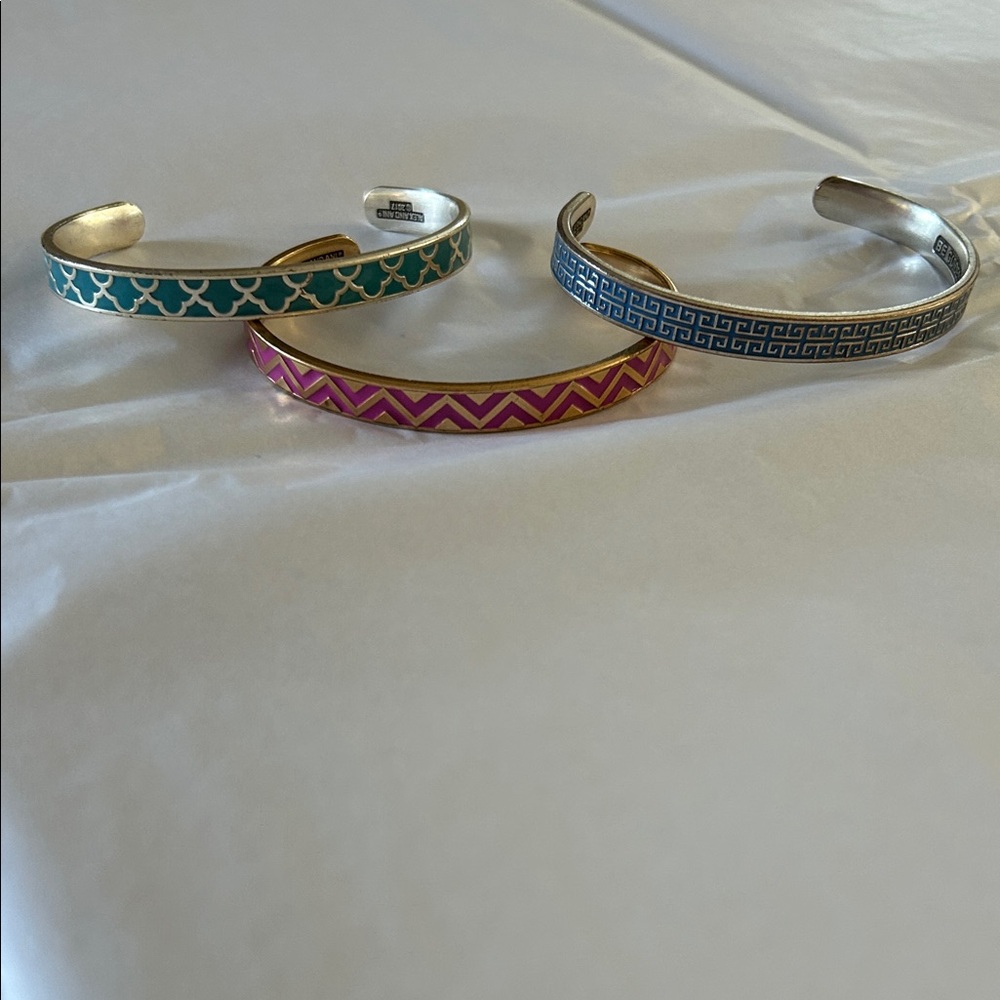 Alex and Ani Silver Cuff Bracelet Set with Teal, Pink, and Blue Patterns